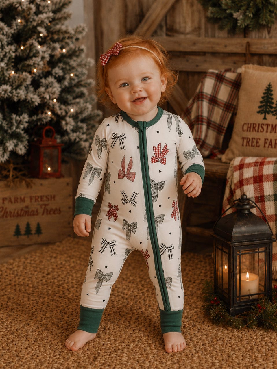 2-Way Zip Romper - Country Christmas Bows SpearmintLOVE Lil Tulips