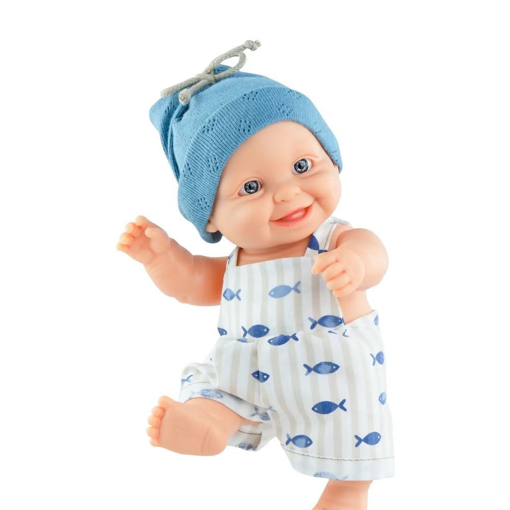 Peques Doll - Teo with Fish Overalls and Blue Hat