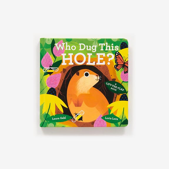 A children's board book titled 'Who Dug This HOLE?' featuring a colorful illustration of a brown hedgehog, a butterfly, and green leaves on a light gray background.