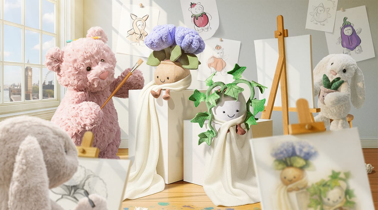 Children's room with stuffed animals and art supplies, including a pink teddy bear and a white bunny.