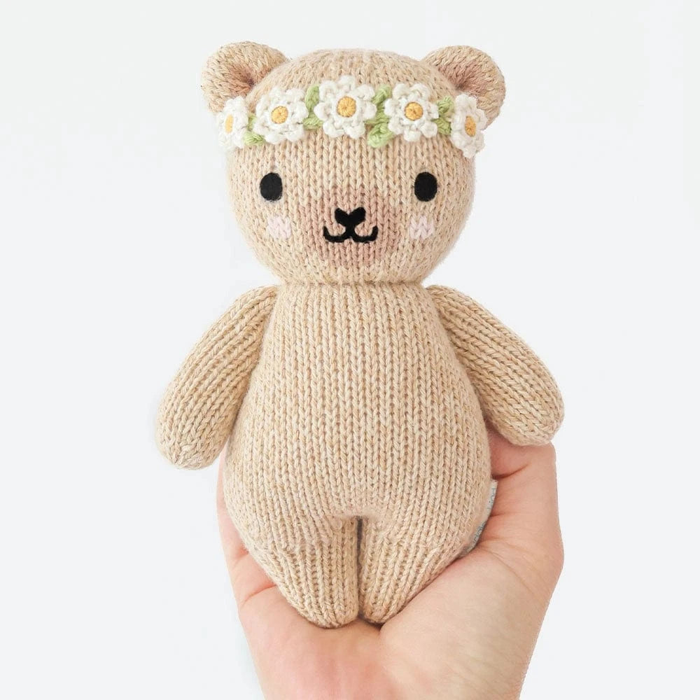 Baby Honey Bear (Ivory Floral) Hand Knit Doll - 7" cuddle+kind Lil Tulips