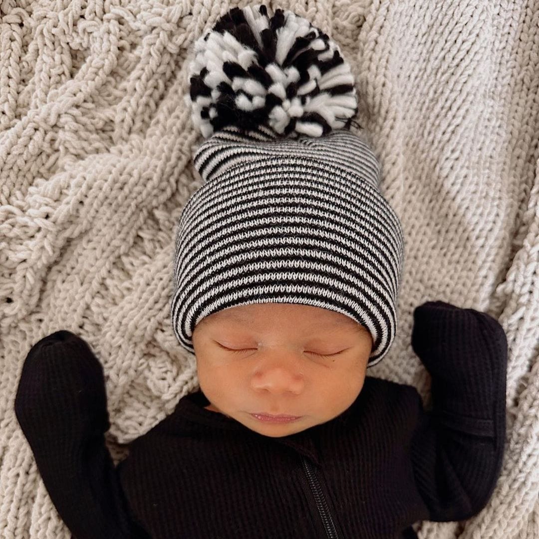 Baby's First Hat - Black/White Stripe Pom SpearmintLOVE Lil Tulips