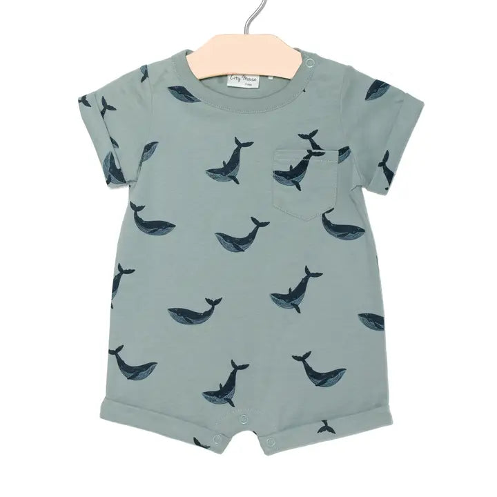 Baby Spring and Summer Short Sleeve Romper- Blue Whales City Mouse Studio Lil Tulips