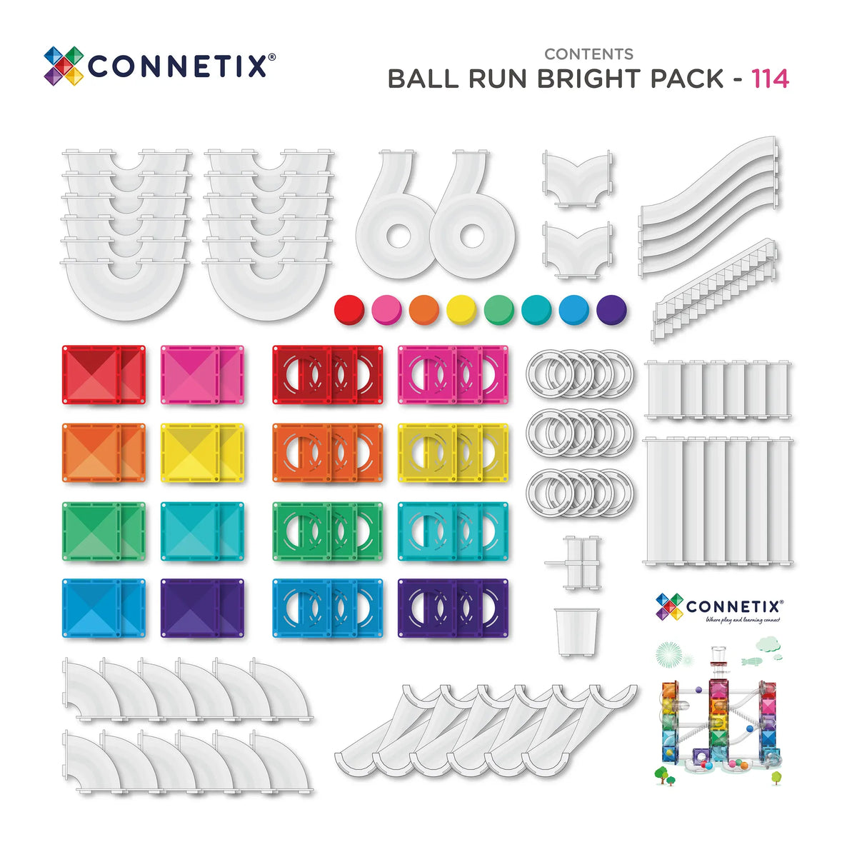 Ball Run Bright Pack, 114 Pieces Connetix Lil Tulips