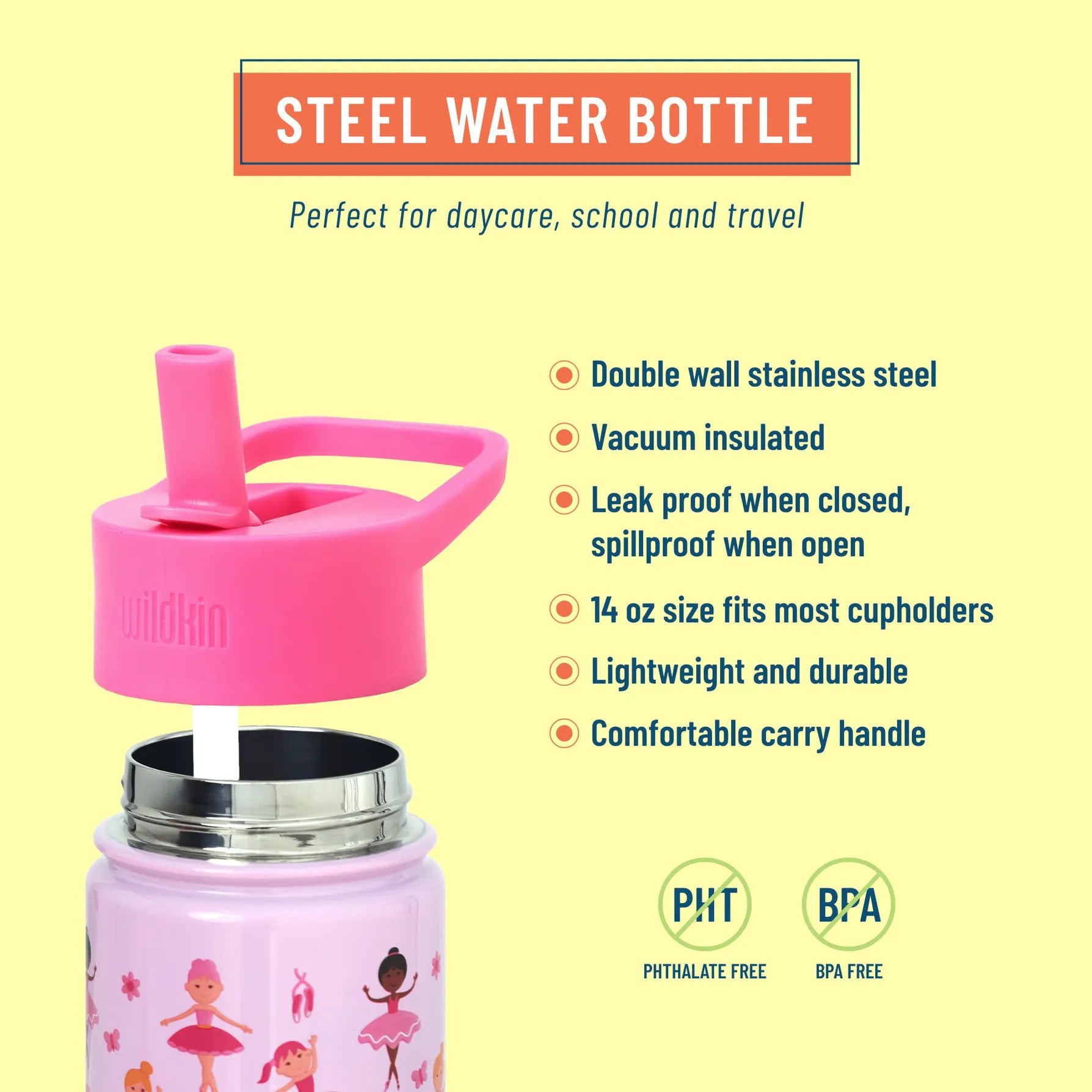 Ballerina 14 oz Stainless Steel Water Bottle Wildkin Lil Tulips