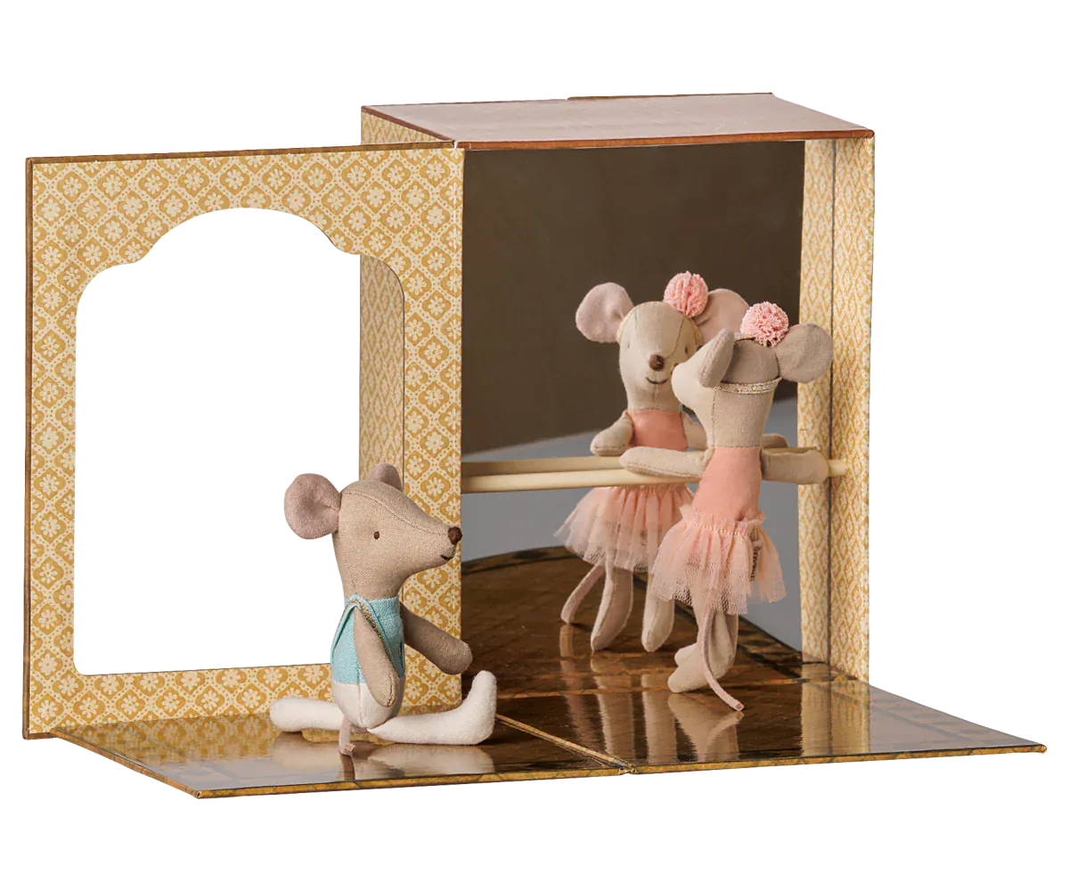 Ballet mice in dance studio, Little sister and brother Maileg Lil Tulips