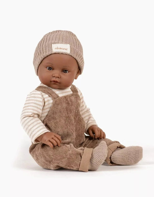 Bambinis Doll Augustin with chestnut milleraies overalls and hat Minikane Lil Tulips