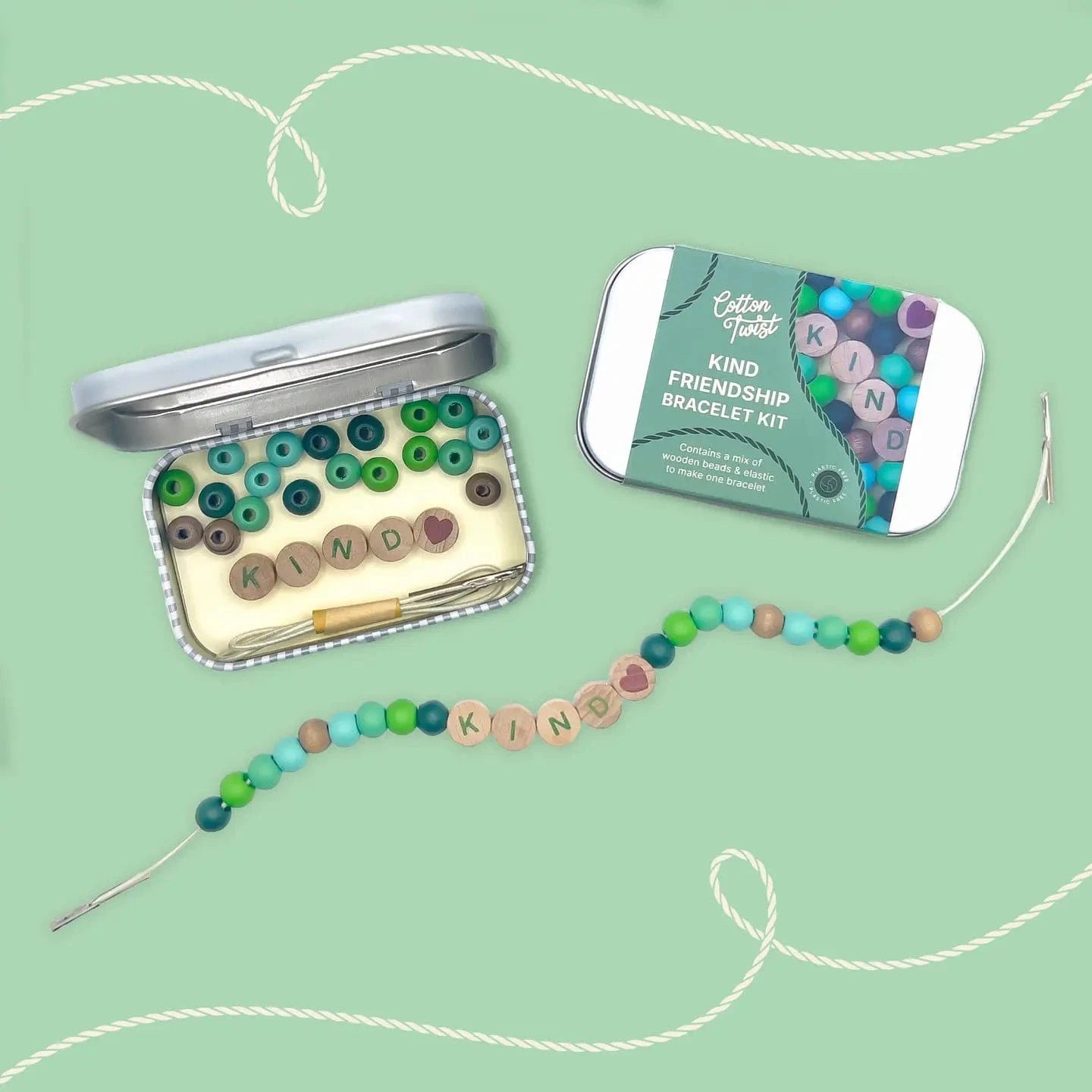 Beaded Friendship Bracelet - Kind - Green Cotton Twist Lil Tulips