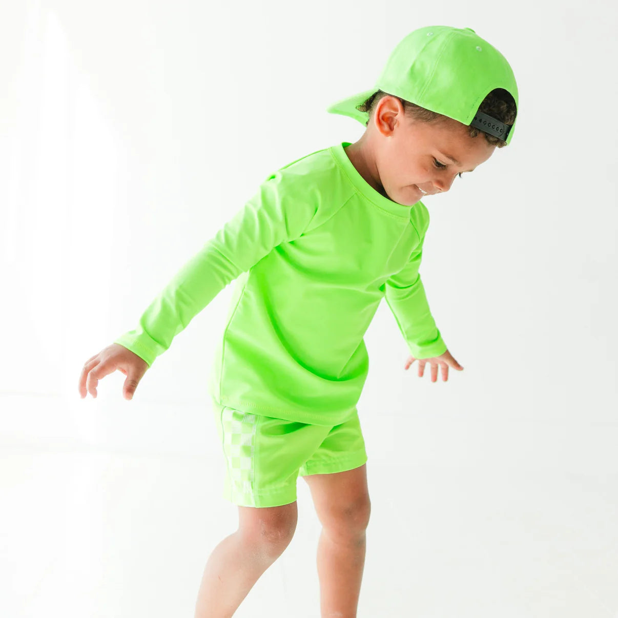 Neon Green Checkered Swim Trunks