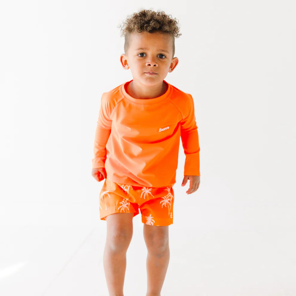 Neon Orange Palms Swim Trunks