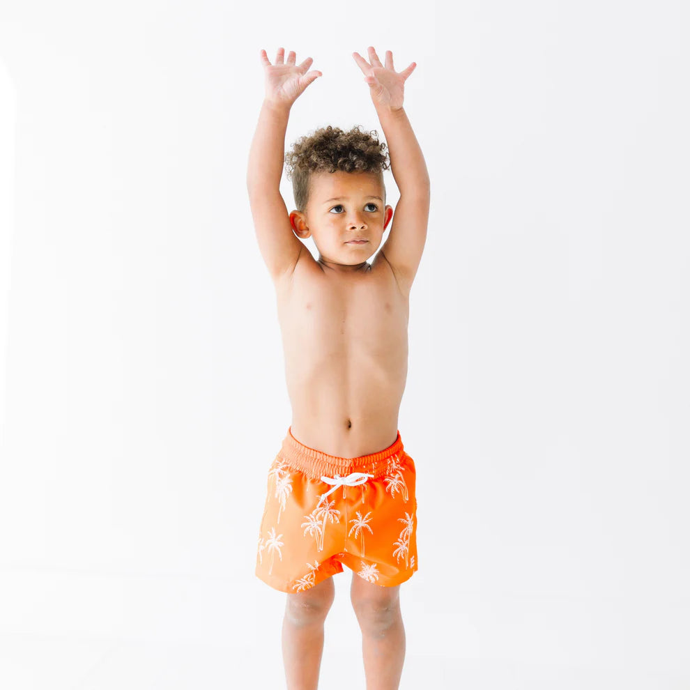 Neon Orange Palms Swim Trunks
