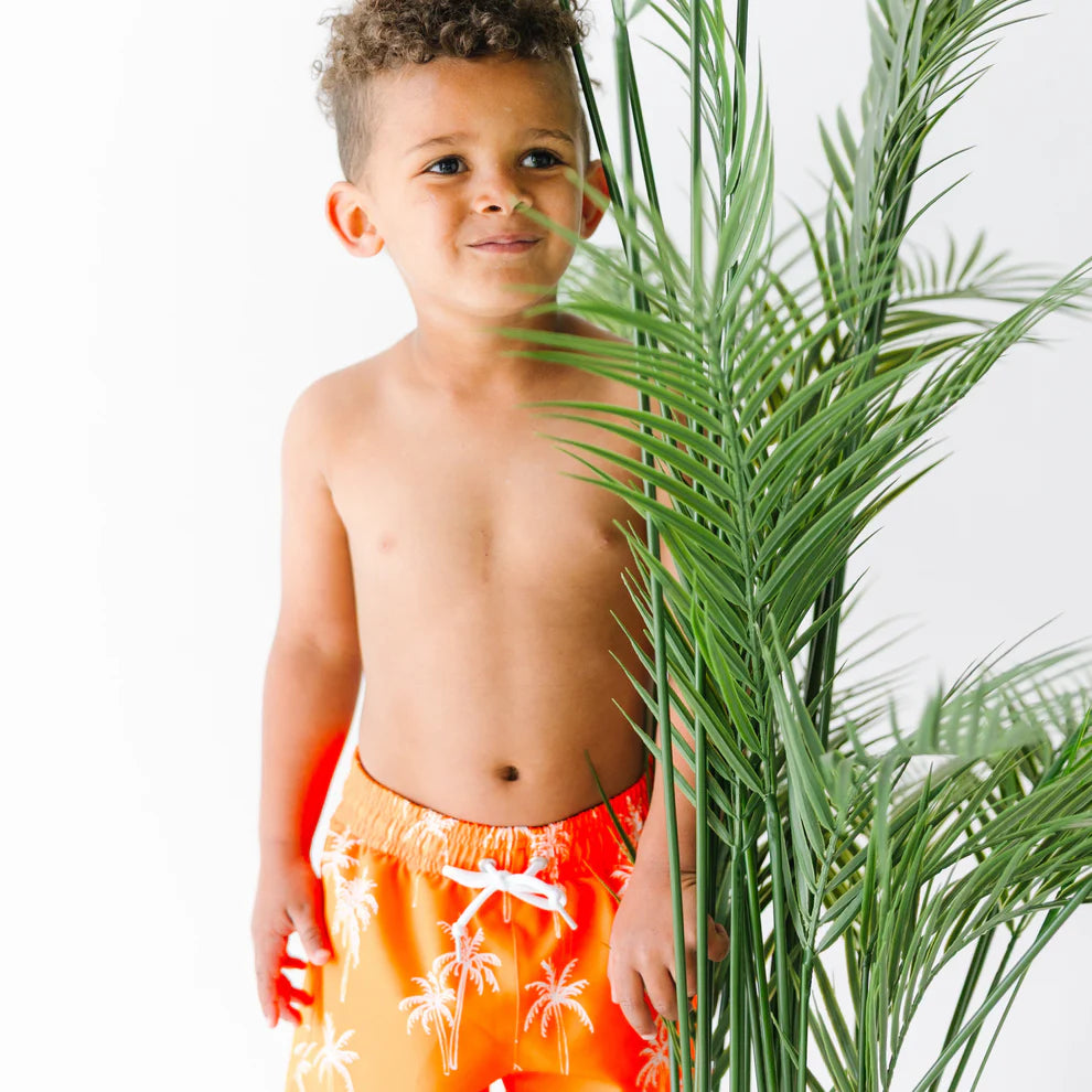 Neon Orange Palms Swim Trunks