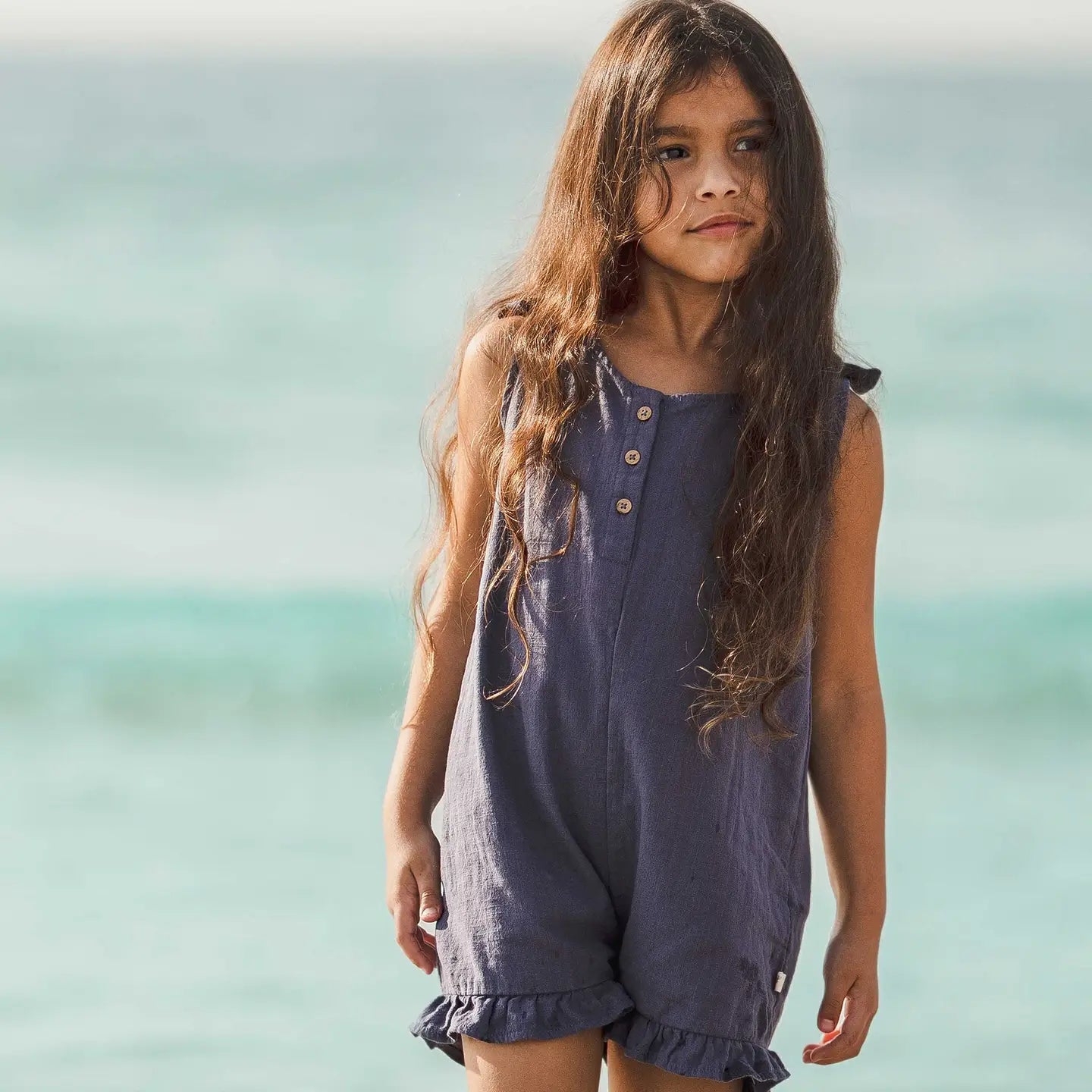 Check Gauze Blue Girl Romper - Blue Smoke Burt's Bees Baby Lil Tulips