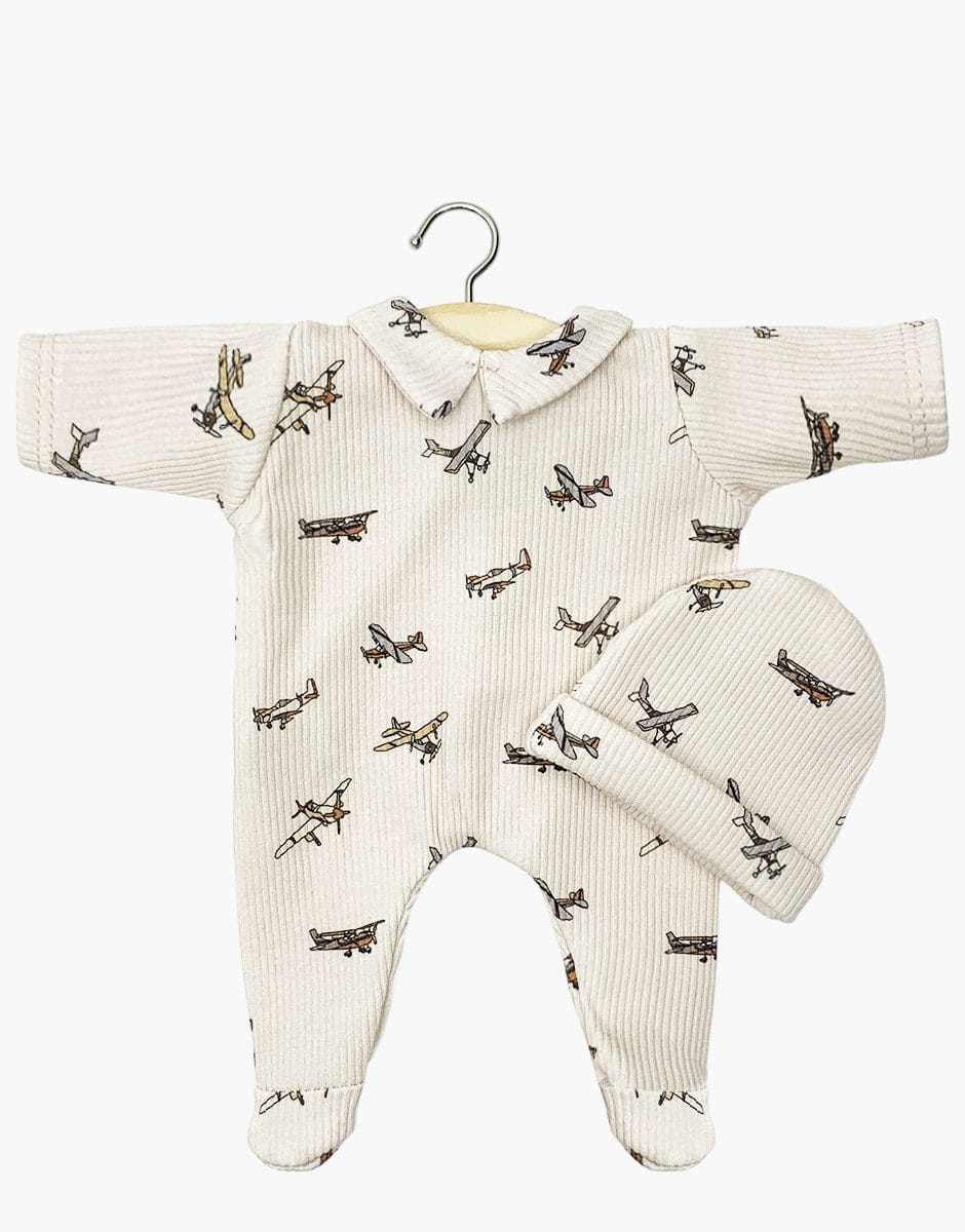 Corentin Sleepsuit & Hat - Beige Little Airplanes - Babies 28 cm Minikane Lil Tulips