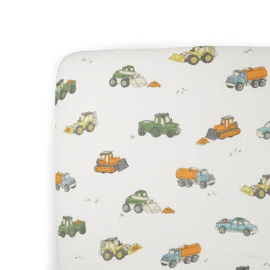 Cotton Muslin Crib Sheet - Work Trucks Little Unicorn Lil Tulips