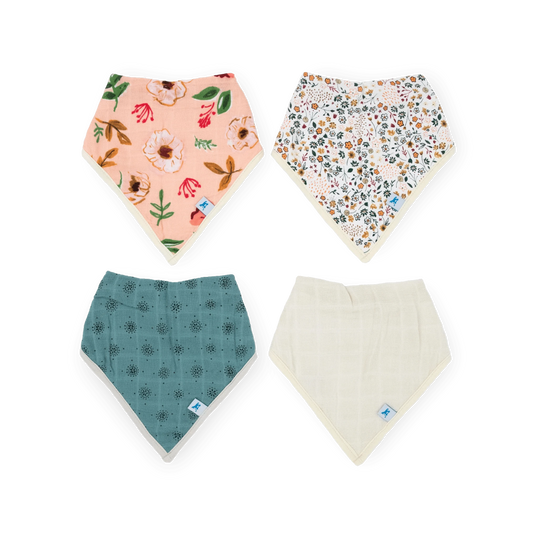 Cotton Muslin + Fleece Bandana Bib 4 Pack - Vintage Floral Little Unicorn Lil Tulips