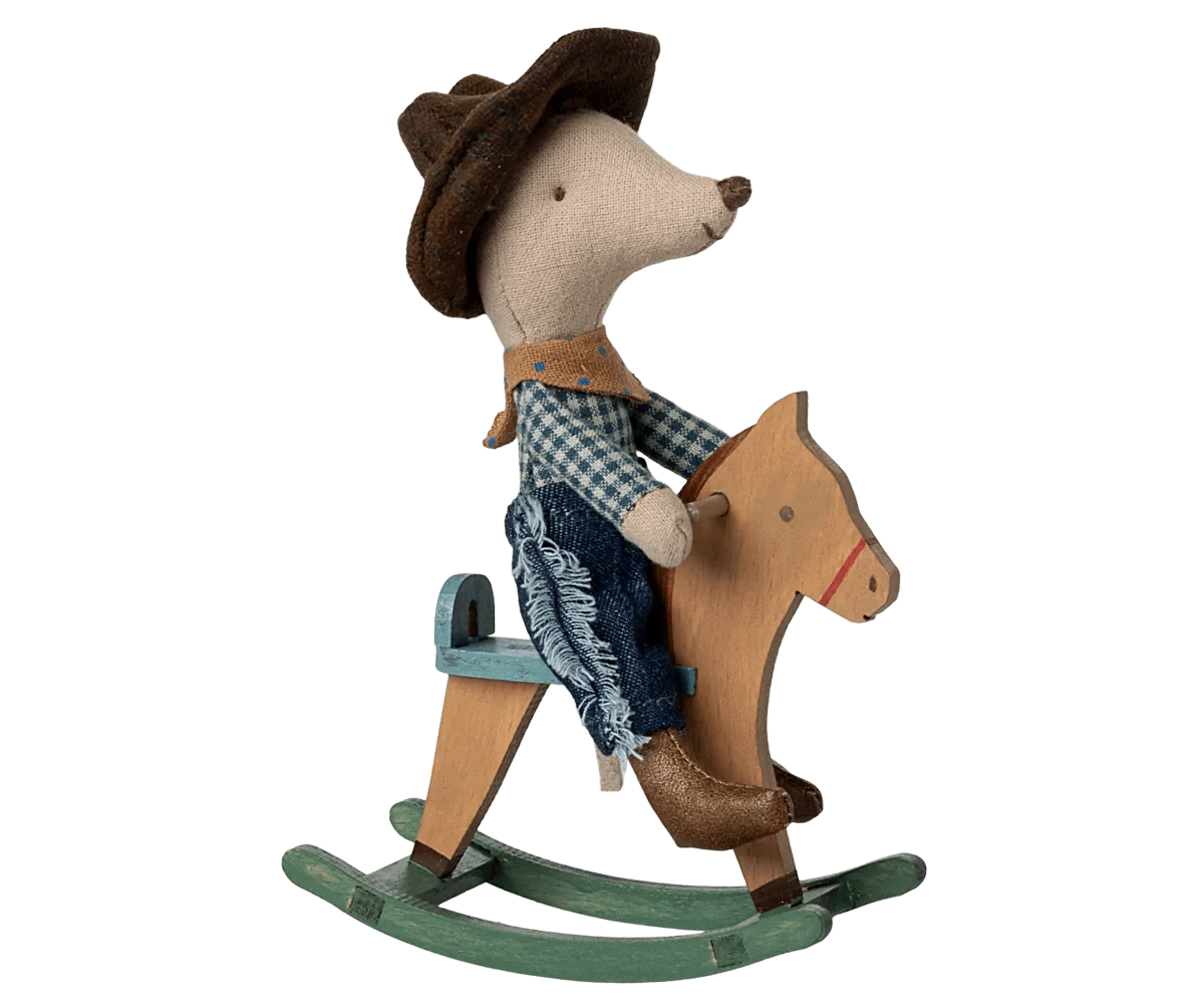 Cowboy mouse on rocking horse, Little brother Maileg Lil Tulips