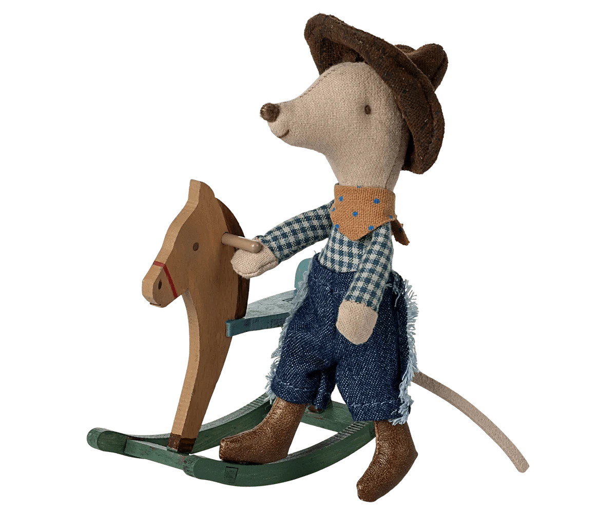 Cowboy mouse on rocking horse, Little brother Maileg Lil Tulips