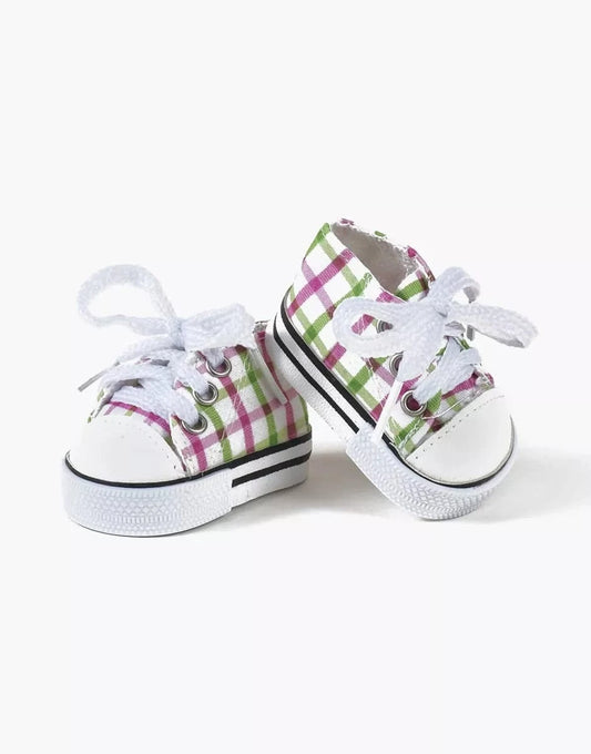 Doll Sneakers Komvers white with pink/green checks Minikane Dolls Lil Tulips