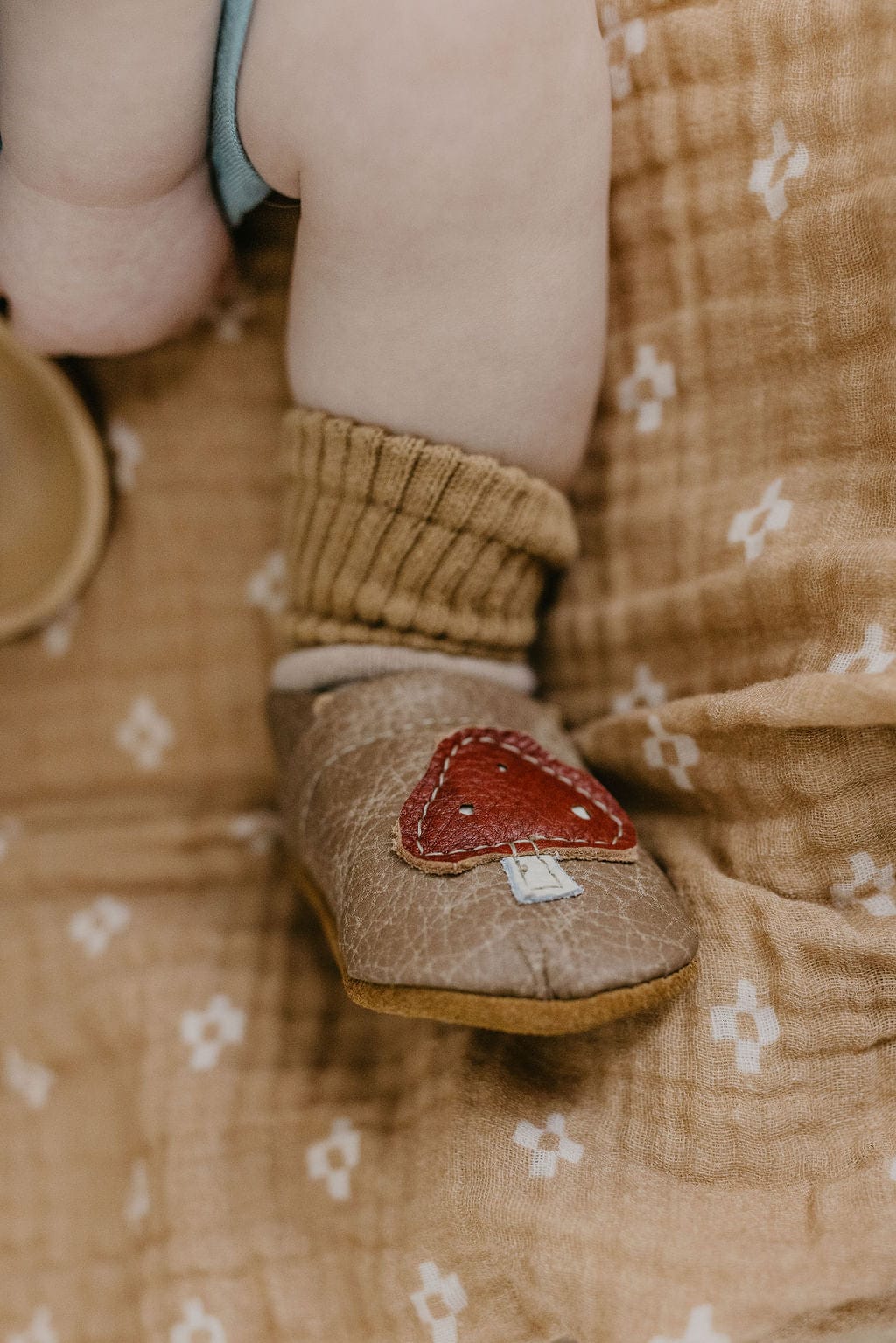 Mushrooms on Chai Leather Baby Moccasins Starry Knight Design Lil Tulips
