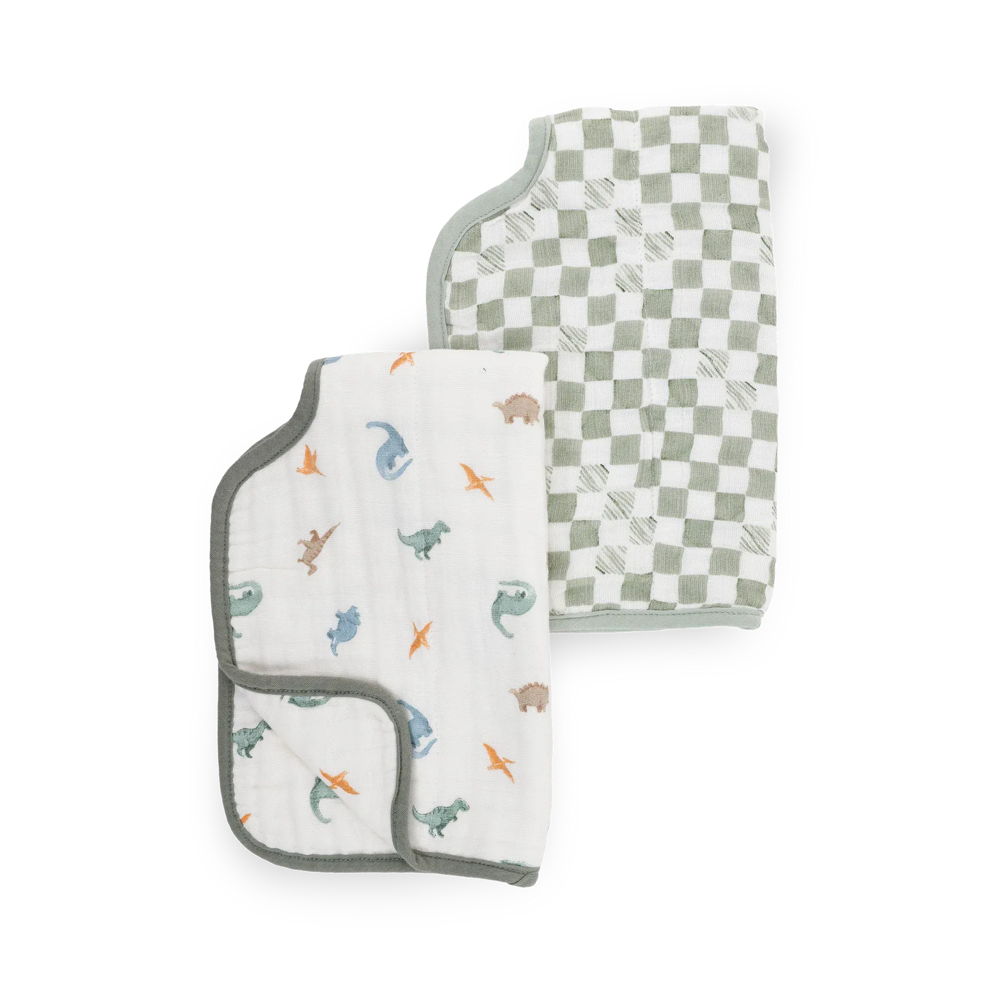 Organic Cotton Muslin Burp Cloth 2 Pack - Little Dino + Green Checker Little Unicorn Lil Tulips