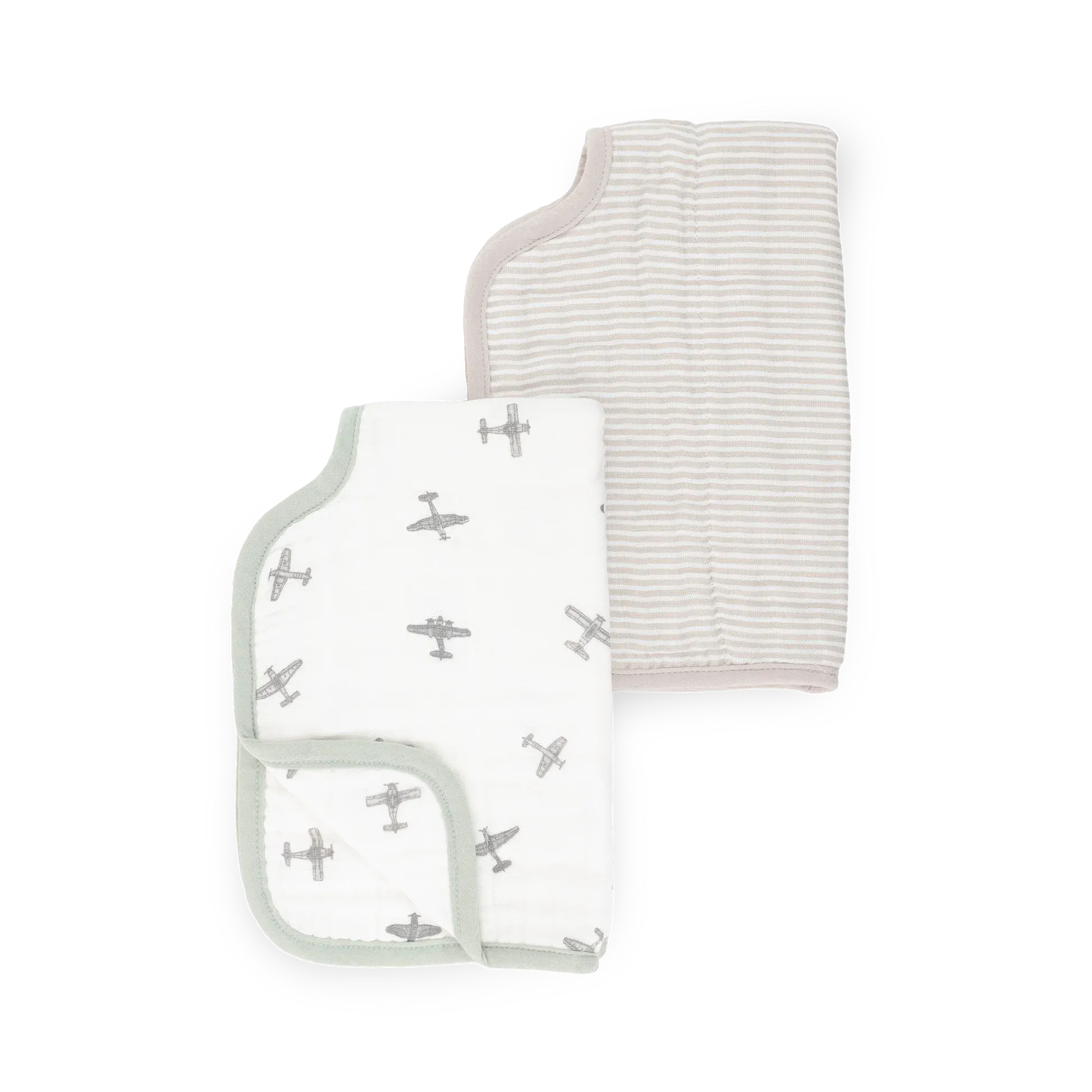Organic Cotton Muslin Burp Cloth 2 Pack - Pewter Planes + Sand Stripe Little Unicorn Lil Tulips