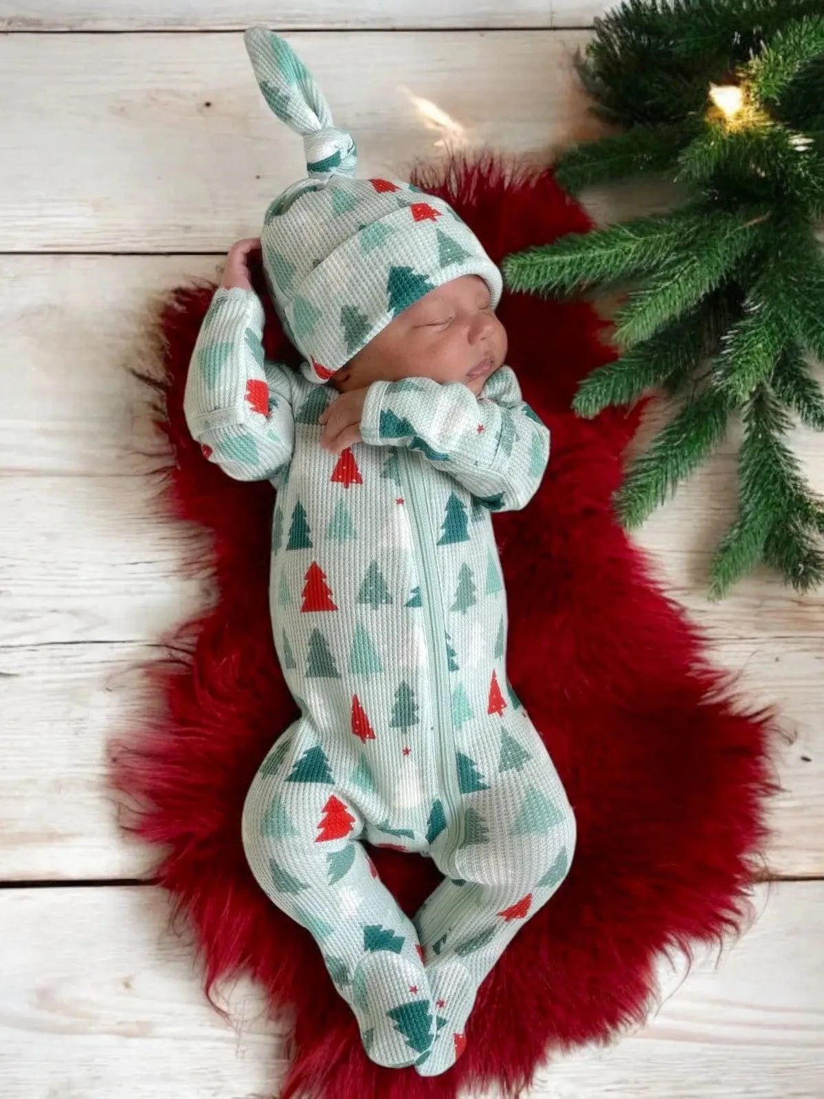 Organic Waffle Basic Zip Footie - Festive Firs SpearmintLOVE Lil Tulips