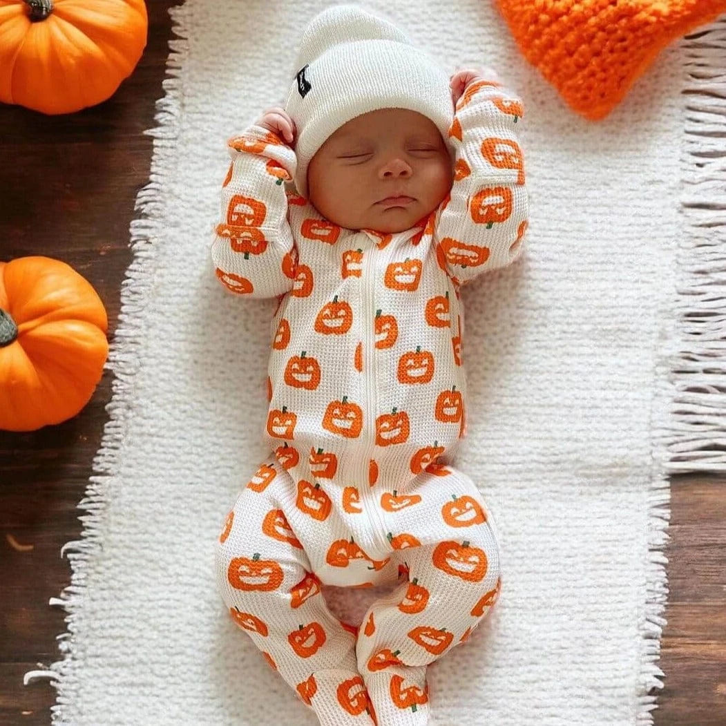 Organic Waffle Basic Zip Footie - Jack-O-Lantern SpearmintLOVE Lil Tulips