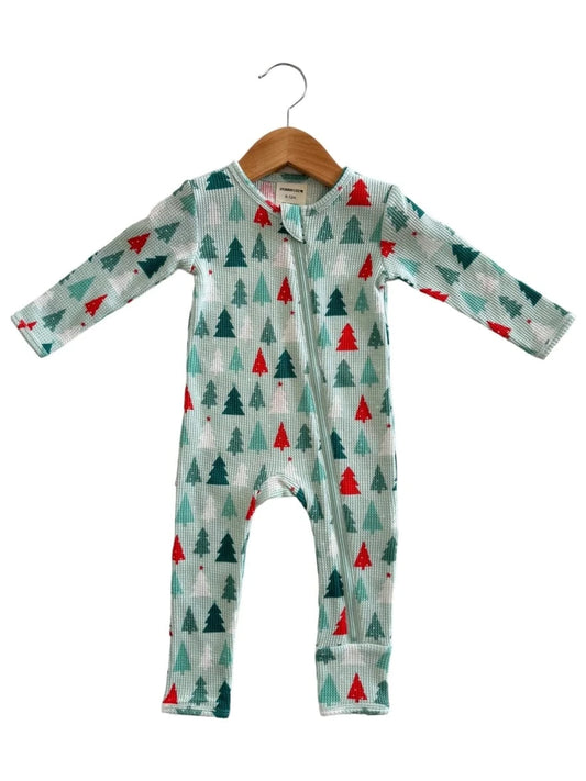 Organic Waffle Basic Zip Romper - Festive Firs SpearmintLOVE Lil Tulips