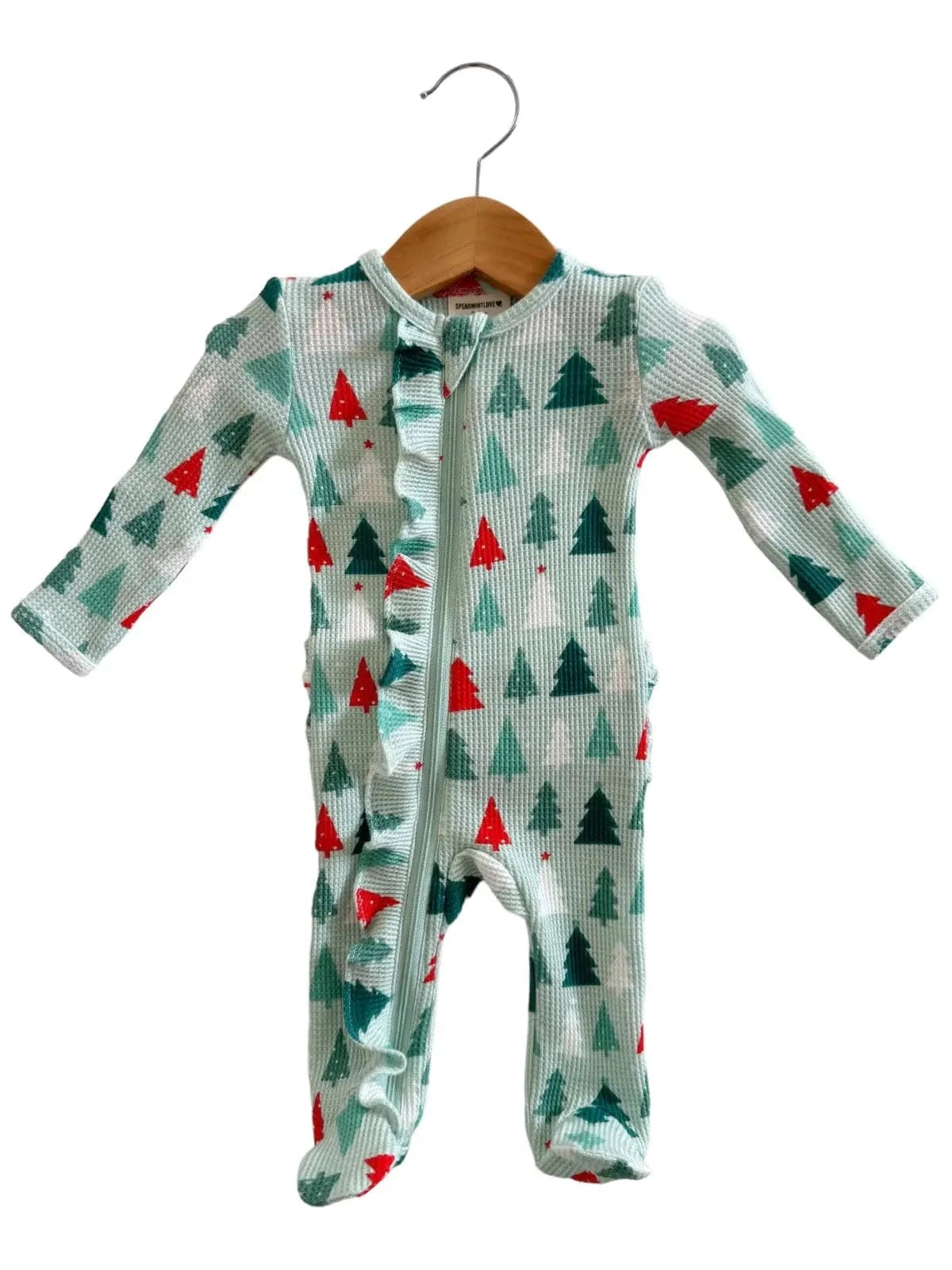 Organic Waffle Ruffle Zip Footie - Festive Firs SpearmintLOVE Lil Tulips