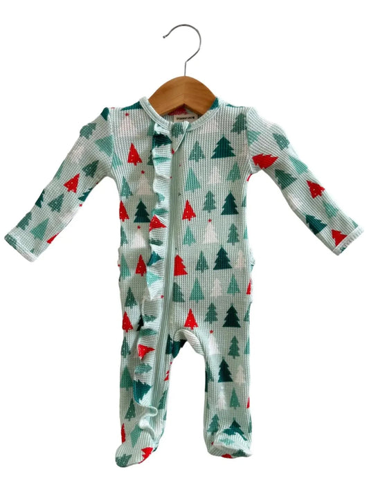 Organic Waffle Ruffle Zip Footie - Festive Firs SpearmintLOVE Lil Tulips