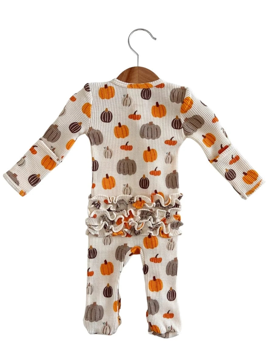 Organic Waffle Ruffle Zip Footie - Harvest Pumpkin SpearmintLOVE Lil Tulips