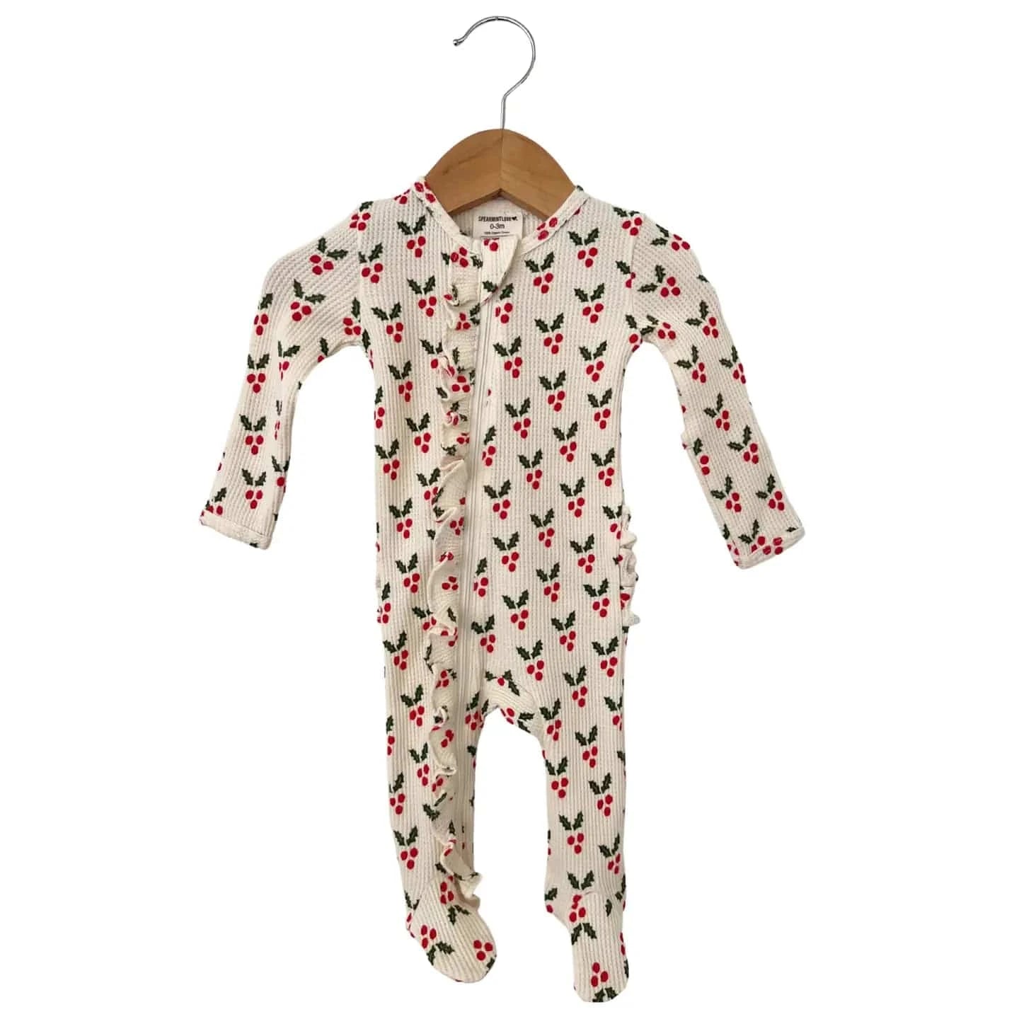 Organic Waffle Ruffle Zip Footie - Holly SpearmintLOVE Lil Tulips