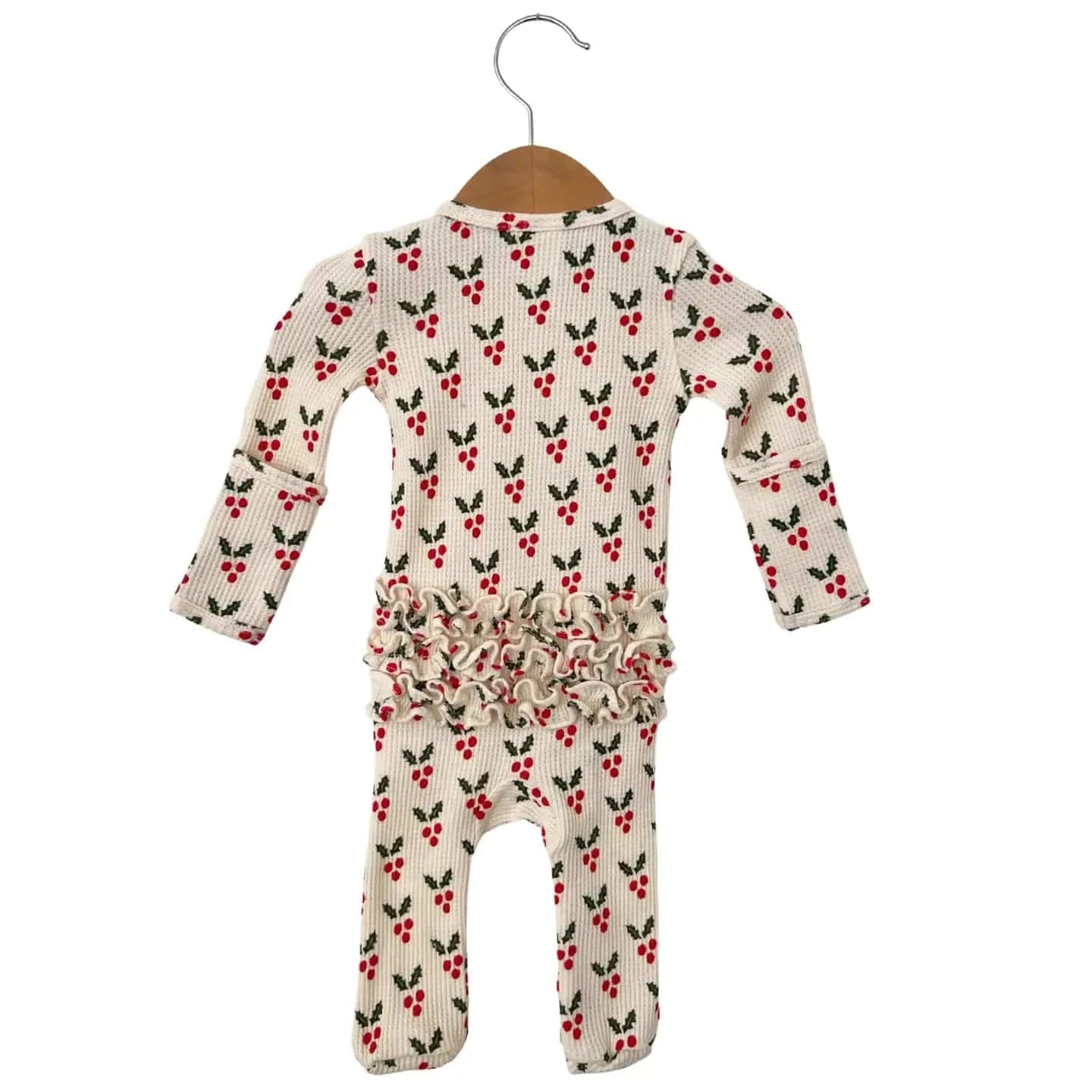 Organic Waffle Ruffle Zip Footie - Holly SpearmintLOVE Lil Tulips
