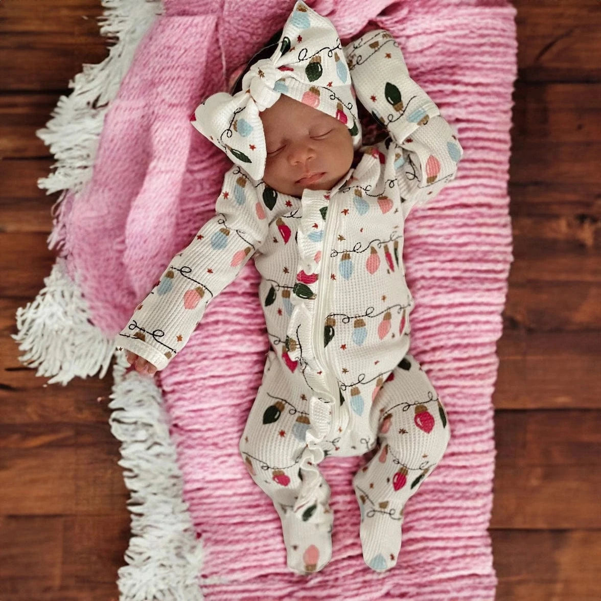 Organic Waffle Ruffle Zip Footie - Pink Christmas Lights SpearmintLOVE Lil Tulips