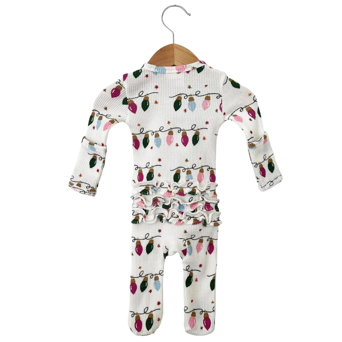 Organic Waffle Ruffle Zip Footie - Pink Christmas Lights SpearmintLOVE Lil Tulips