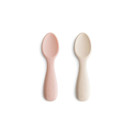 Silicone Toddler Starter Spoons Blush/Shifting Sand 2-Pack Mushie Lil Tulips