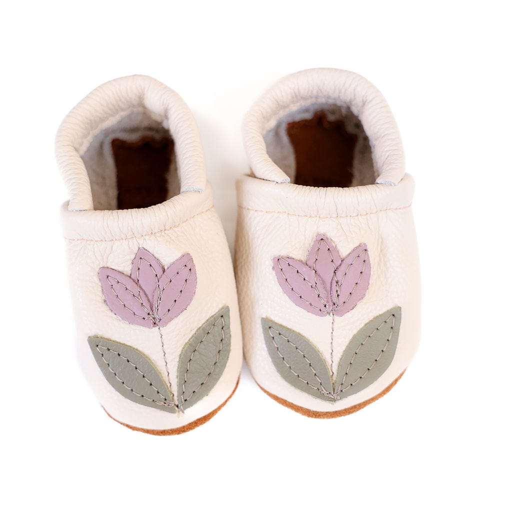 Tulip on Cream Leather Baby Moccasins Starry Knight Design Lil Tulips