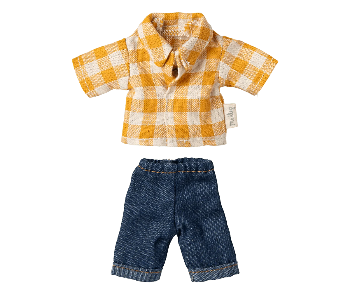 Yellow checked shirt and pants, Dad mouse Maileg Lil Tulips