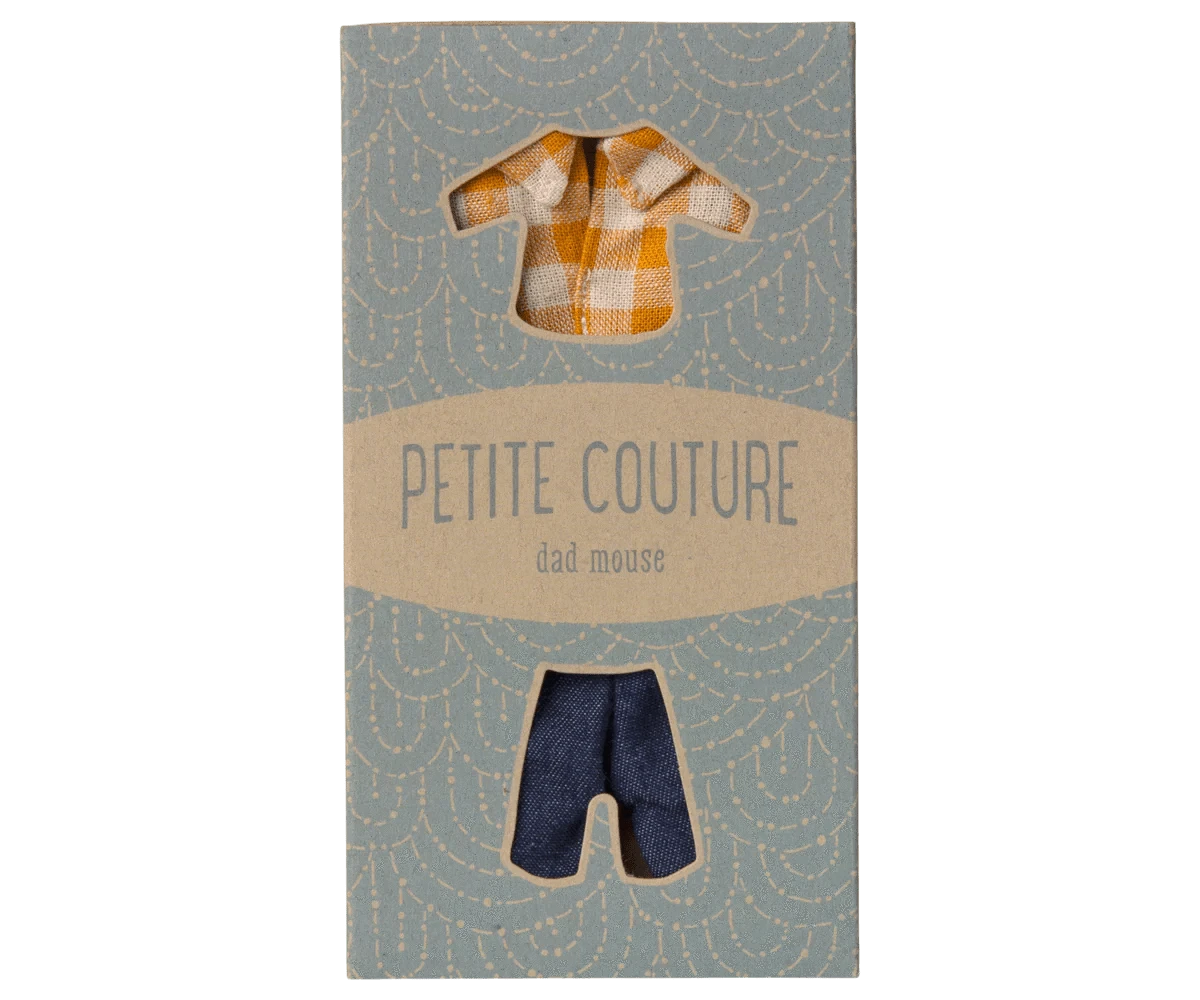 Yellow checked shirt and pants, Dad mouse Maileg Lil Tulips