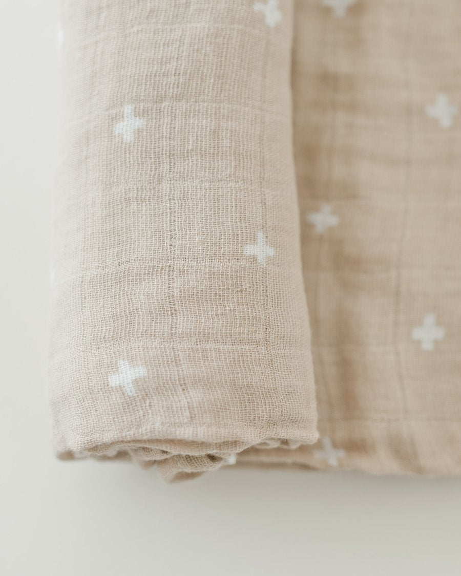 Cotton Muslin Swaddle Blanket - Taupe Cross