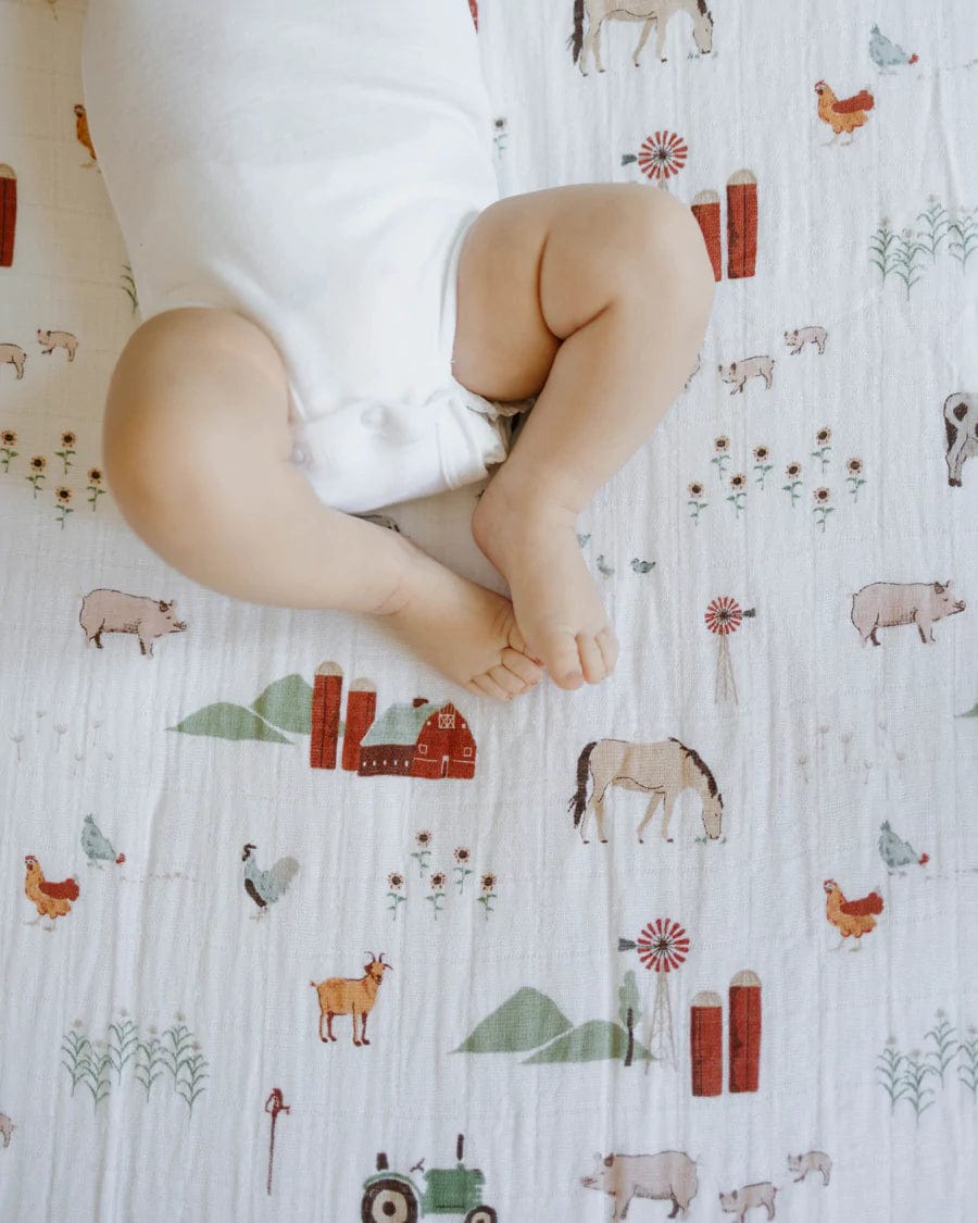 Cotton Muslin Crib Sheet - Farmyard Little Unicorn Lil Tulips