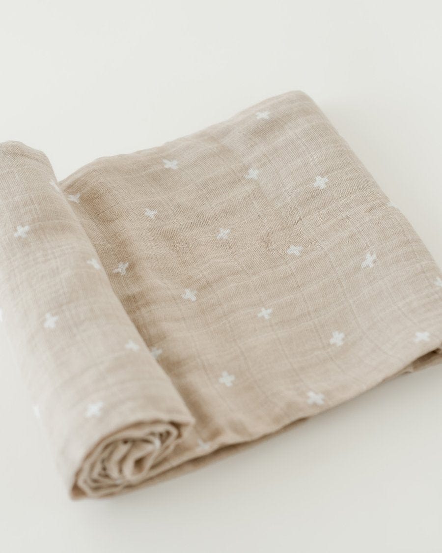 Cotton Muslin Swaddle Blanket - Taupe Cross Little Unicorn Lil Tulips