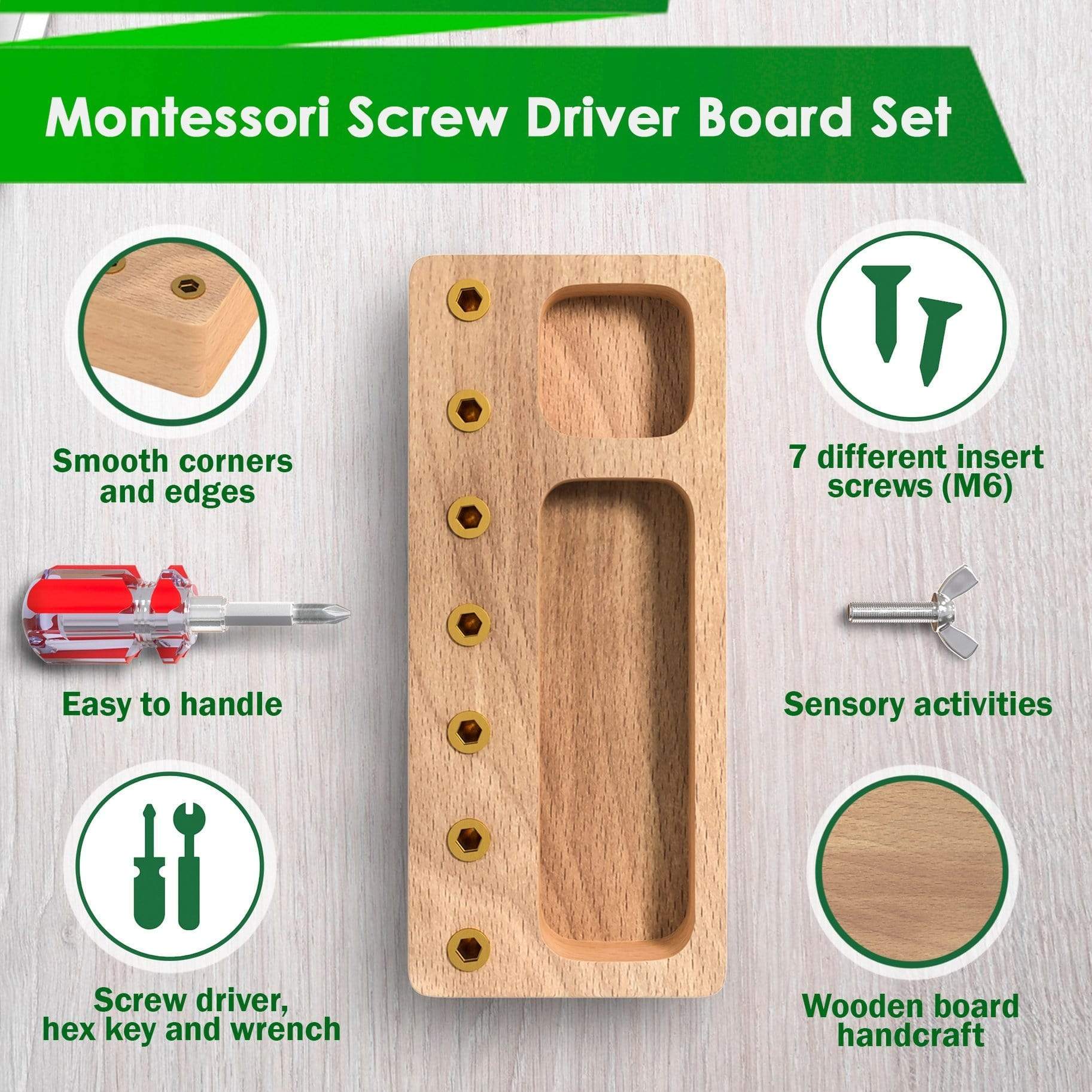 Wooden Montessori Screw Driver Board for Kids Panda Brothers Lil Tulips