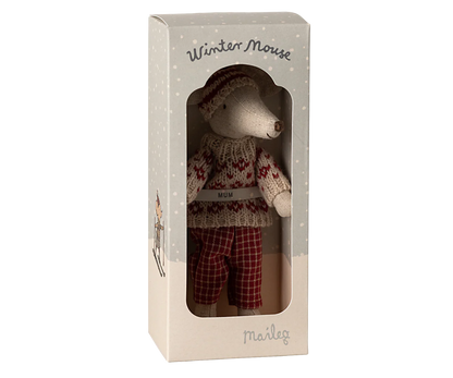 Winter mouse with ski set, Mum - Red