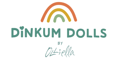 Logo of Dinkum Dolls with colorful rainbows on a transparent background