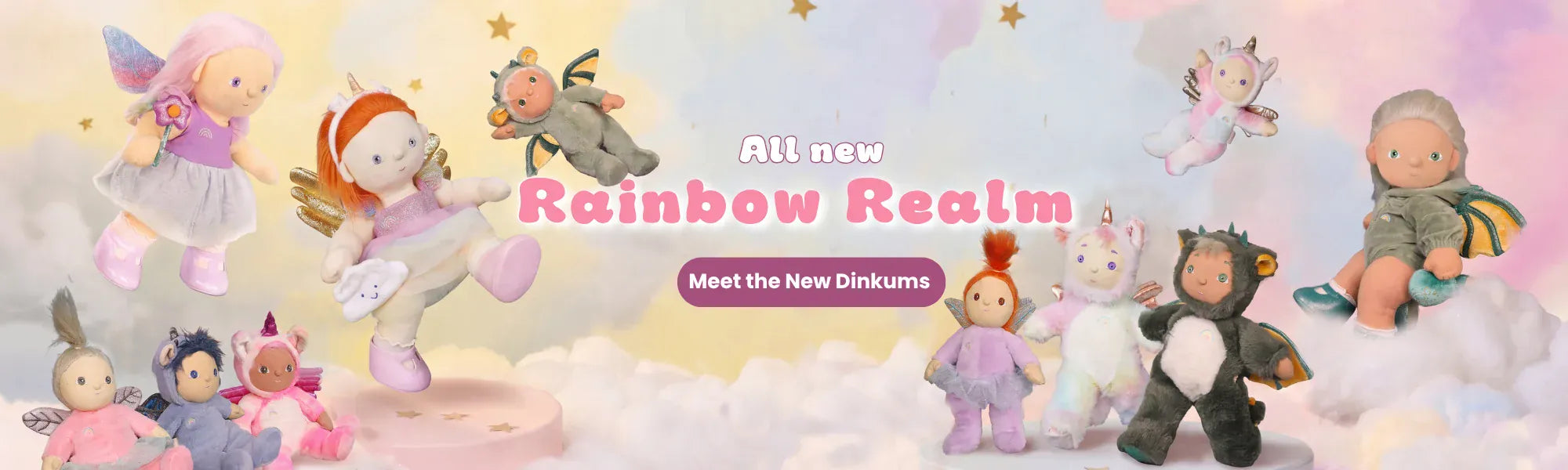 Promotional banner for 'Rainbow Realm' with various characters on a cloud background