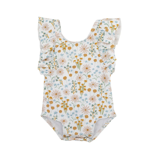 Whimsical Floral Ruffle Sleeves One-Piece Bathing Suit