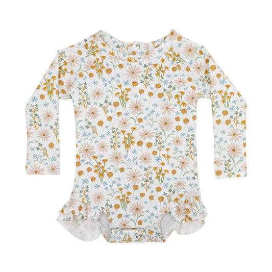 Whimsical Floral Long Sleeve One-Piece Rash Guard Bathing Suit