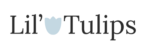Lil' Tulips logo with a blue tulip on a white  background